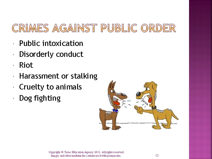  Public intoxication Disorderly conduct Riot Harassment or stalking Cruelty to animals Dog fighting