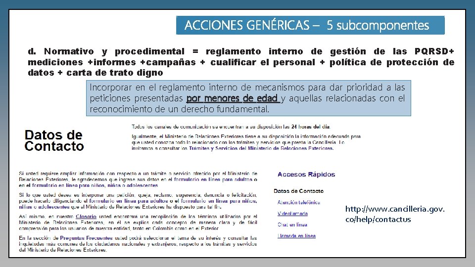 ACCIONES GENÉRICAS – 5 subcomponentes d. Normativo y procedimental = reglamento interno de gestión