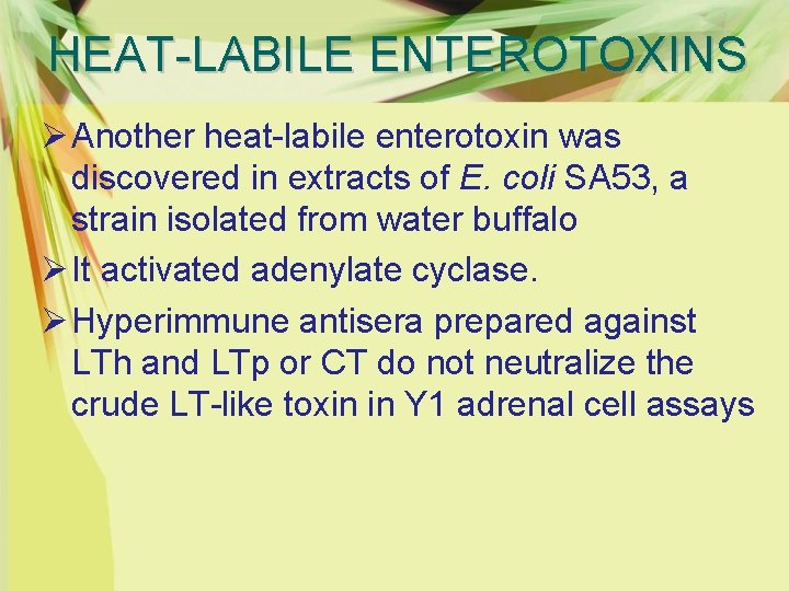 HEAT-LABILE ENTEROTOXINS Ø Another heat-labile enterotoxin was discovered in extracts of E. coli SA