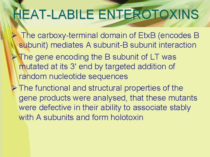HEAT-LABILE ENTEROTOXINS Ø The carboxy-terminal domain of Etx. B (encodes B subunit) mediates A