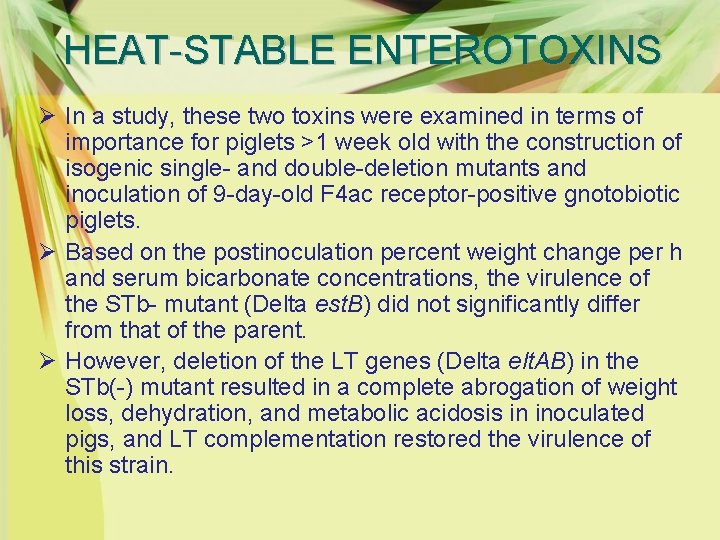 HEAT-STABLE ENTEROTOXINS Ø In a study, these two toxins were examined in terms of