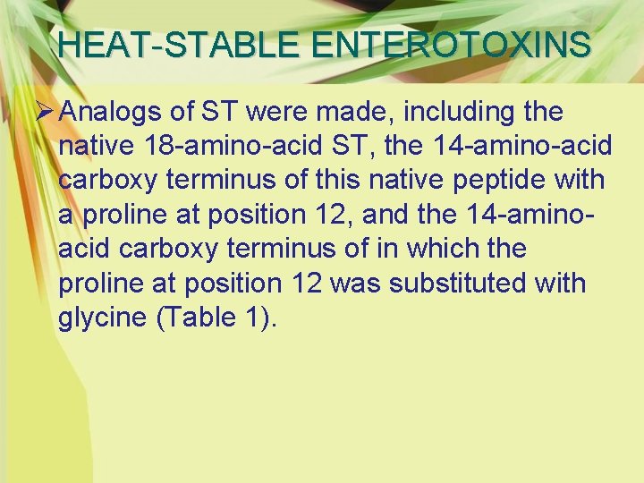 HEAT-STABLE ENTEROTOXINS Ø Analogs of ST were made, including the native 18 -amino-acid ST,