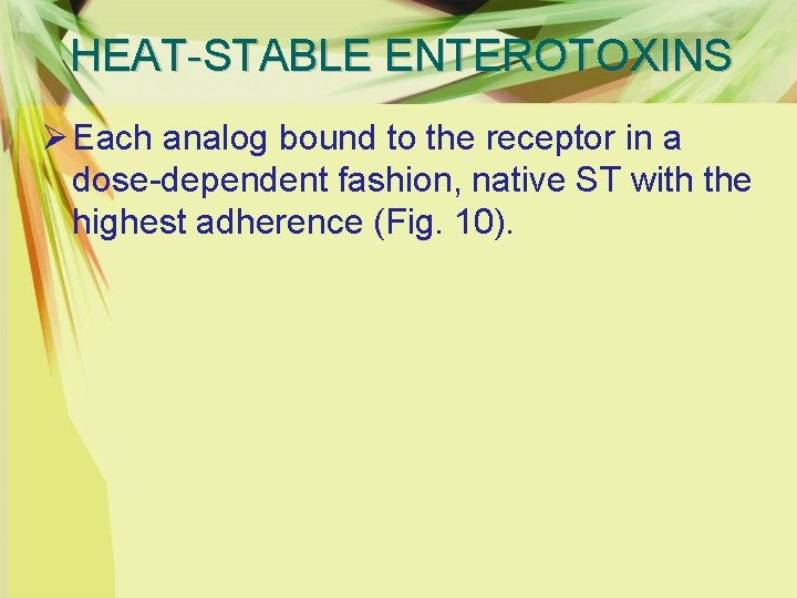 HEAT-STABLE ENTEROTOXINS Ø Each analog bound to the receptor in a dose-dependent fashion, native