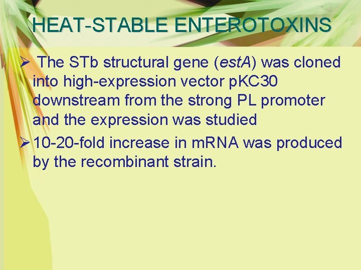 HEAT-STABLE ENTEROTOXINS Ø The STb structural gene (est. A) was cloned into high-expression vector