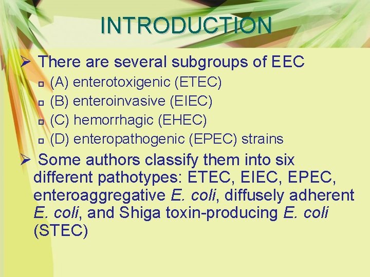 INTRODUCTION Ø There are several subgroups of EEC p p (A) enterotoxigenic (ETEC) (B)