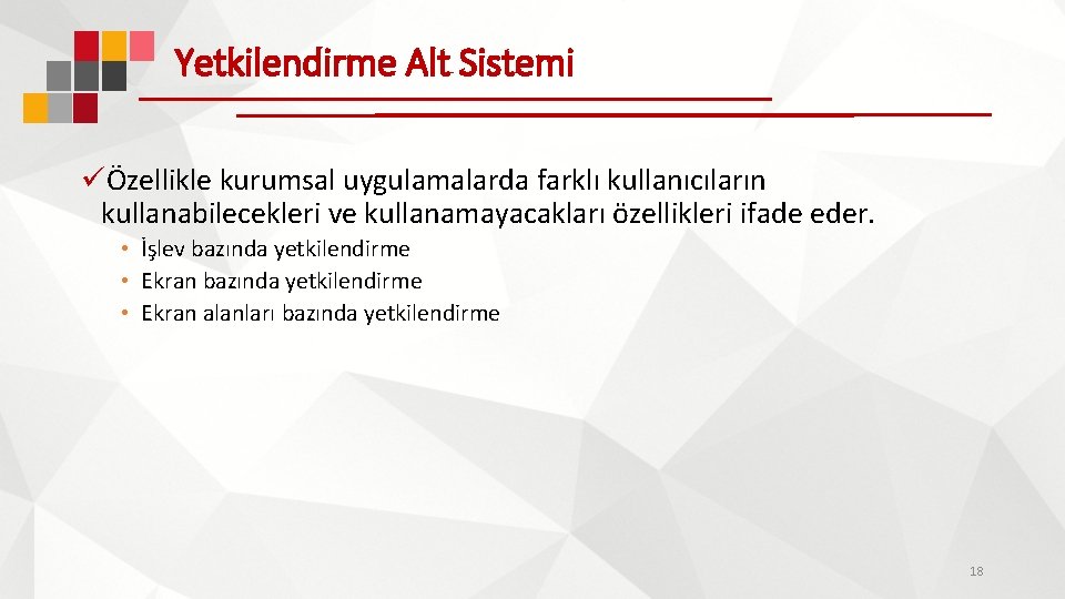 Yetkilendirme Alt Sistemi üÖzellikle kurumsal uygulamalarda farklı kullanıcıların kullanabilecekleri ve kullanamayacakları özellikleri ifade eder.