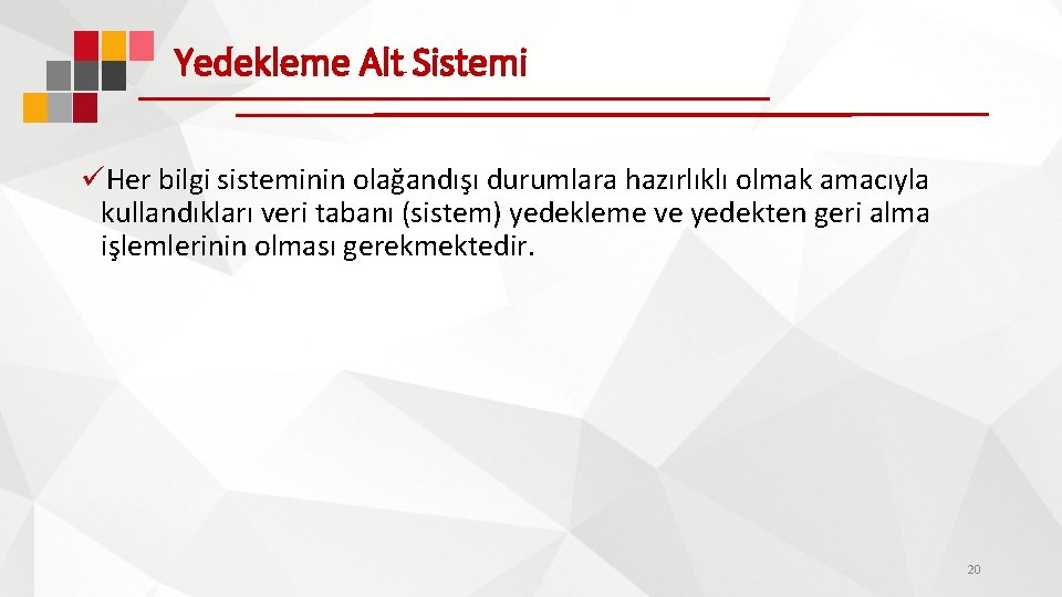 Yedekleme Alt Sistemi üHer bilgi sisteminin olağandışı durumlara hazırlıklı olmak amacıyla kullandıkları veri tabanı