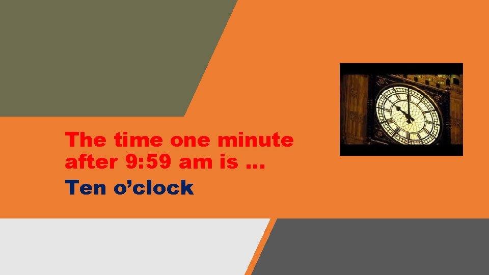 The time one minute after 9: 59 am is … Ten o’clock The time one minute after 9: 59 am is … Ten o’clock