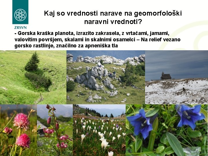 Kaj so vrednosti narave na geomorfološki naravni vrednoti? - Gorska kraška planota, izrazito zakrasela,