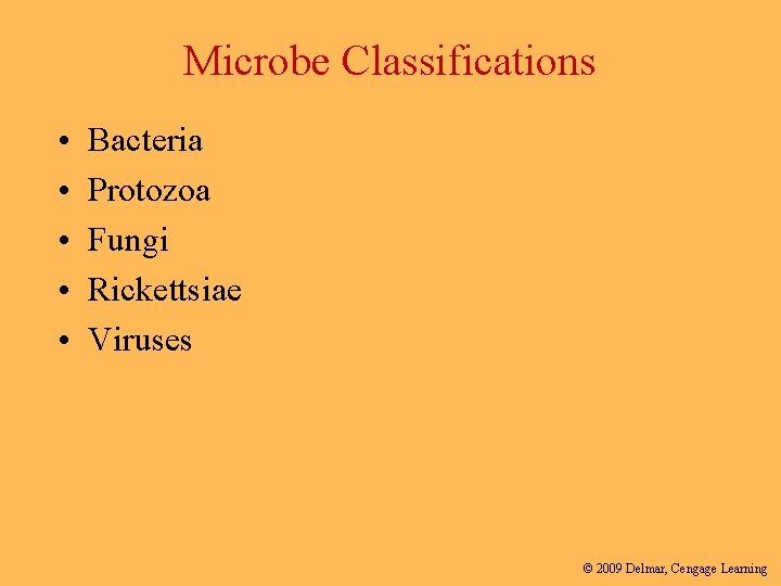 Microbe Classifications • • • Bacteria Protozoa Fungi Rickettsiae Viruses © 2009 Delmar, Cengage