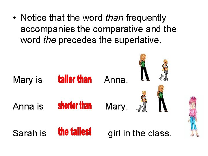  • Notice that the word than frequently accompanies the comparative and the word