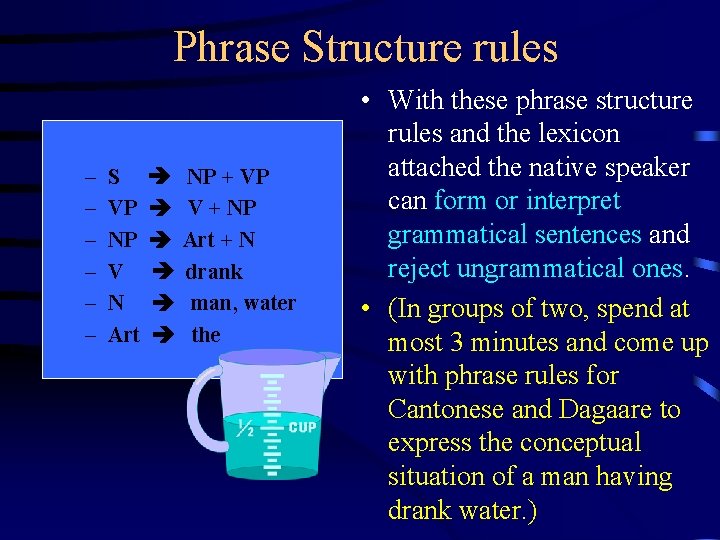 Phrase Structure rules – – – S VP NP V N Art NP +