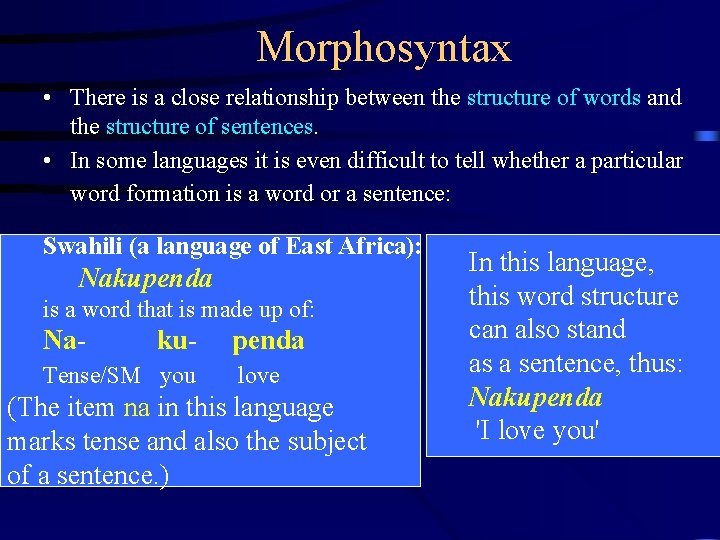 Morphosyntax • There is a close relationship between the structure of words and the