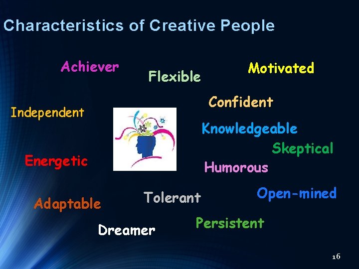 Characteristics of Creative People Achiever Flexible Motivated Confident Independent Knowledgeable Skeptical Humorous Energetic Adaptable Characteristics of Creative People Achiever Flexible Motivated Confident Independent Knowledgeable Skeptical Humorous Energetic Adaptable