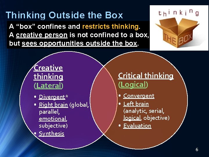 Thinking Outside the Box A “box” confines and restricts thinking. A creative person is Thinking Outside the Box A “box” confines and restricts thinking. A creative person is