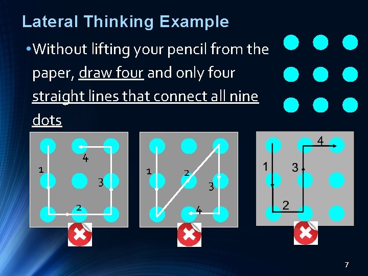 Lateral Thinking Example • Without lifting your pencil from the paper, draw four and Lateral Thinking Example • Without lifting your pencil from the paper, draw four and