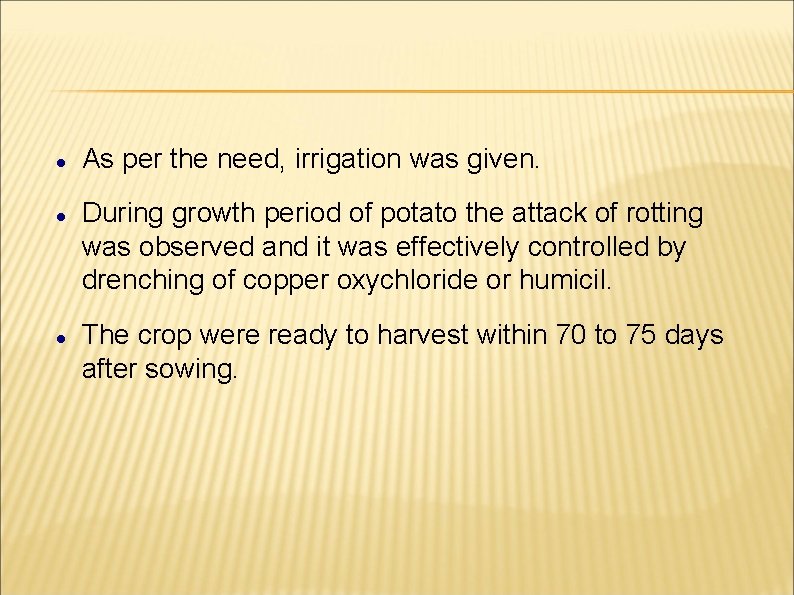  As per the need, irrigation was given. During growth period of potato the