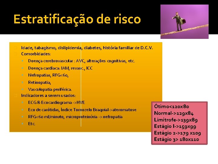 Estratificação de risco Idade, tabagismo, dislipidemia, diabetes, história familiar de D. C. V. � Estratificação de risco Idade, tabagismo, dislipidemia, diabetes, história familiar de D. C. V. �
