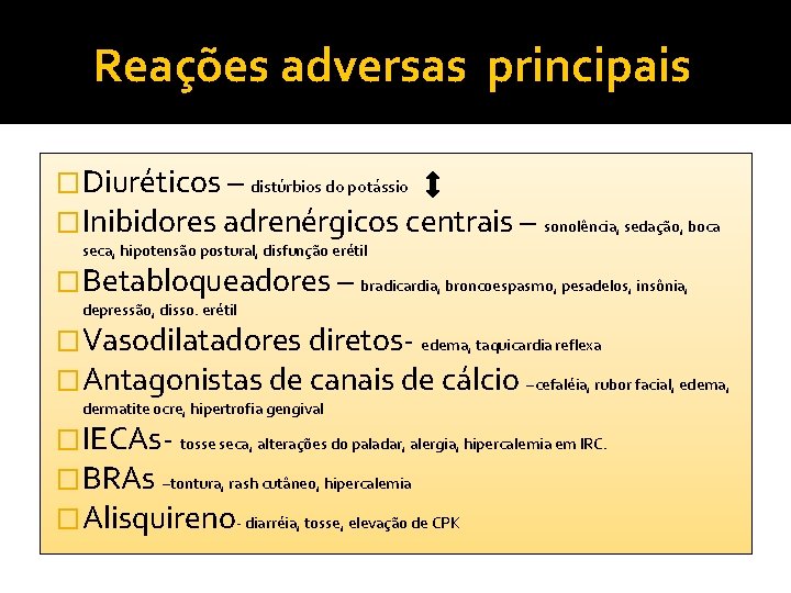 Reações adversas principais �Diuréticos – distúrbios do potássio �Inibidores adrenérgicos centrais – sonolência, sedação, Reações adversas principais �Diuréticos – distúrbios do potássio �Inibidores adrenérgicos centrais – sonolência, sedação,