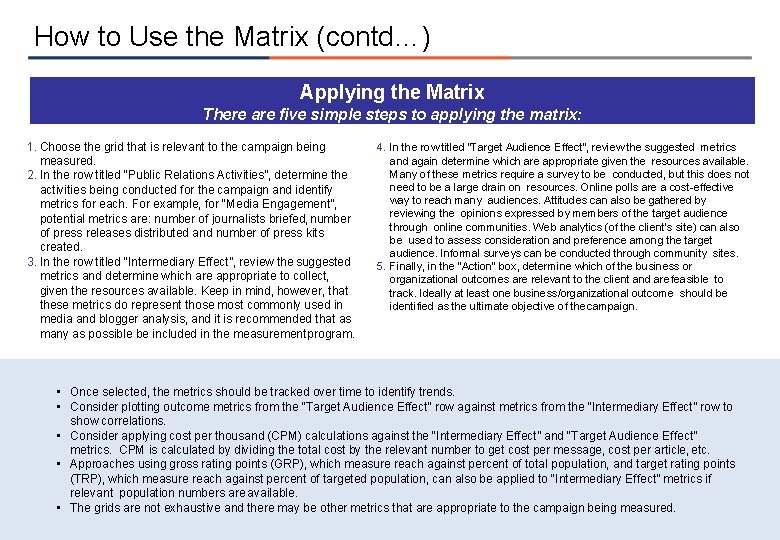 How to Use the Matrix (contd…) Applying the Matrix There are five simple steps How to Use the Matrix (contd…) Applying the Matrix There are five simple steps