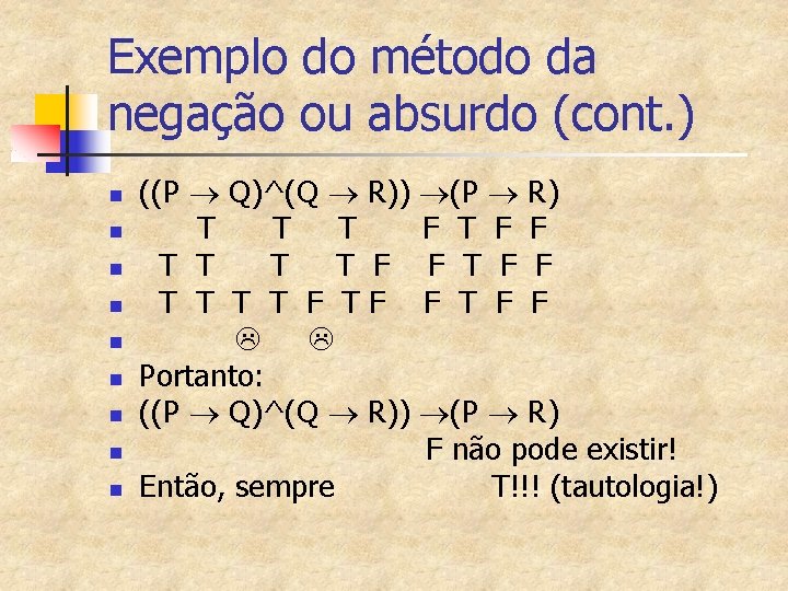 Exemplo do método da negação ou absurdo (cont. ) n n n n ((P