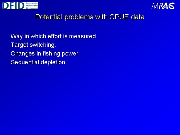 Potential problems with CPUE data Way in which effort is measured. Target switching. Changes