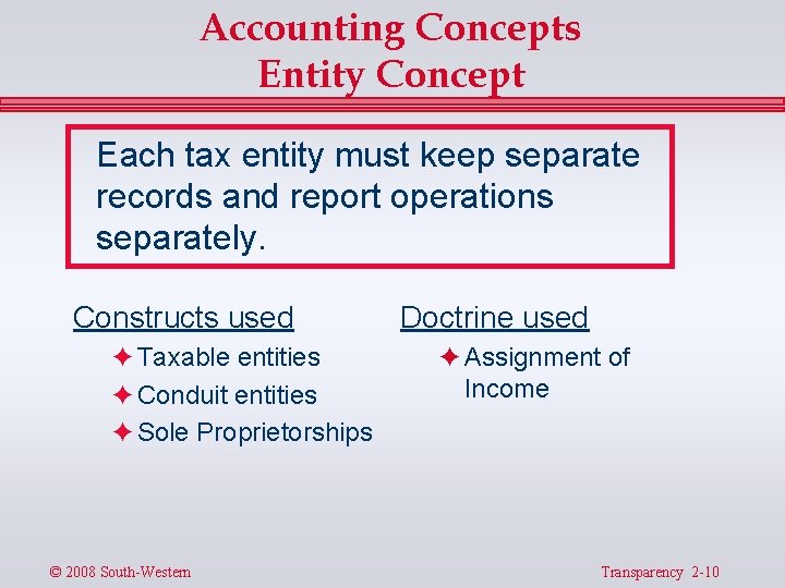 Accounting Concepts Entity Concept Each tax entity must keep separate records and report operations
