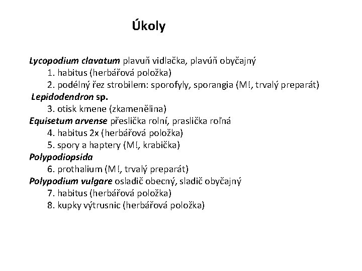 Úkoly Lycopodium clavatum plavuň vidlačka, plavúň obyčajný 1. habitus (herbářová položka) 2. podélný řez