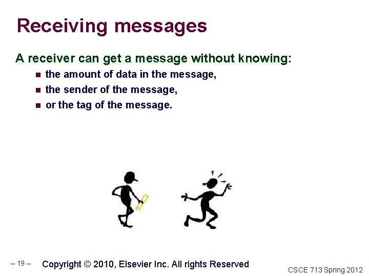 Receiving messages A receiver can get a message without knowing: n the amount of
