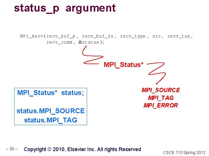 status_p argument MPI_Status* status; status. MPI_SOURCE status. MPI_TAG – 20 – Copyright © 2010,