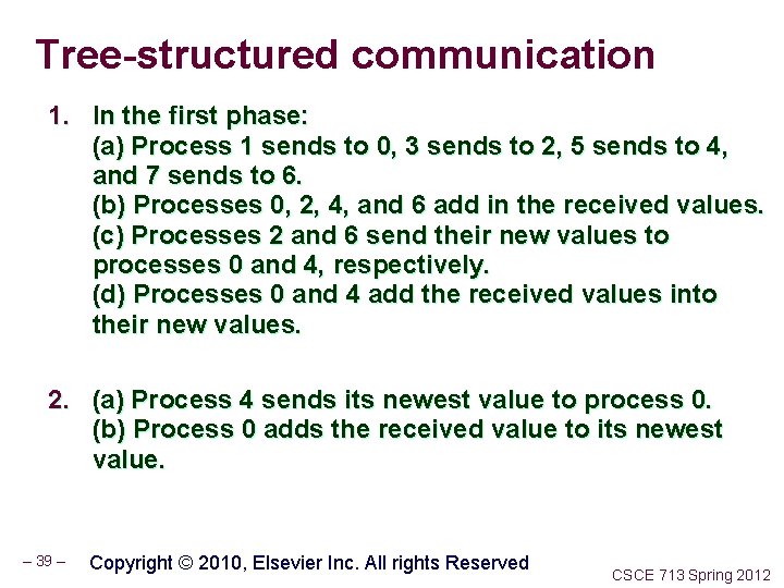 Tree-structured communication 1. In the first phase: (a) Process 1 sends to 0, 3