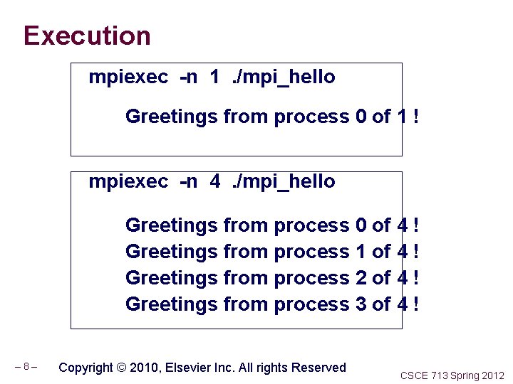 Execution mpiexec -n 1. /mpi_hello Greetings from process 0 of 1 ! mpiexec -n