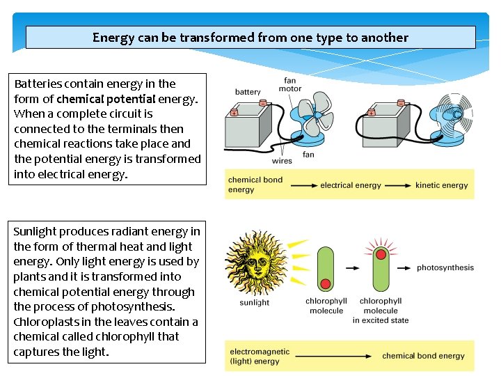 Energy can be transformed from one type to another Batteries contain energy in the