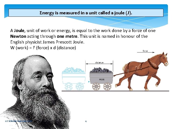Energy is measured in a unit called a joule (J). A Joule, unit of