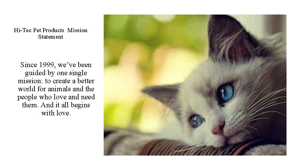 Hi-Tec Pet Products Mission Statement Since 1999, we’ve been guided by one single mission: Hi-Tec Pet Products Mission Statement Since 1999, we’ve been guided by one single mission: