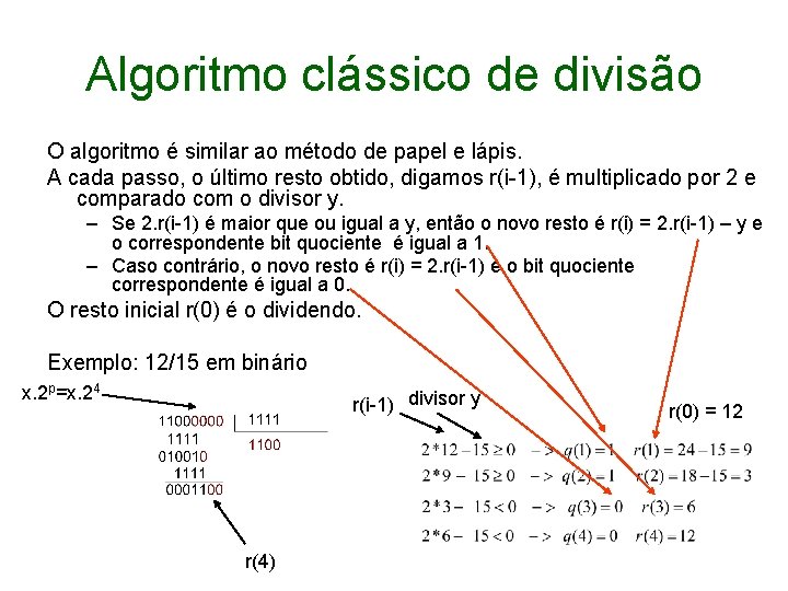 Algoritmo clássico de divisão O algoritmo é similar ao método de papel e lápis.