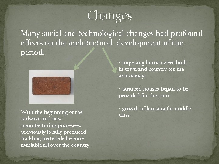 Changes Many social and technological changes had profound effects on the architectural development of