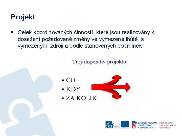 Projekt § Celek koordinovaných činností, které jsou realizovány k dosažení požadované změny ve vymezené