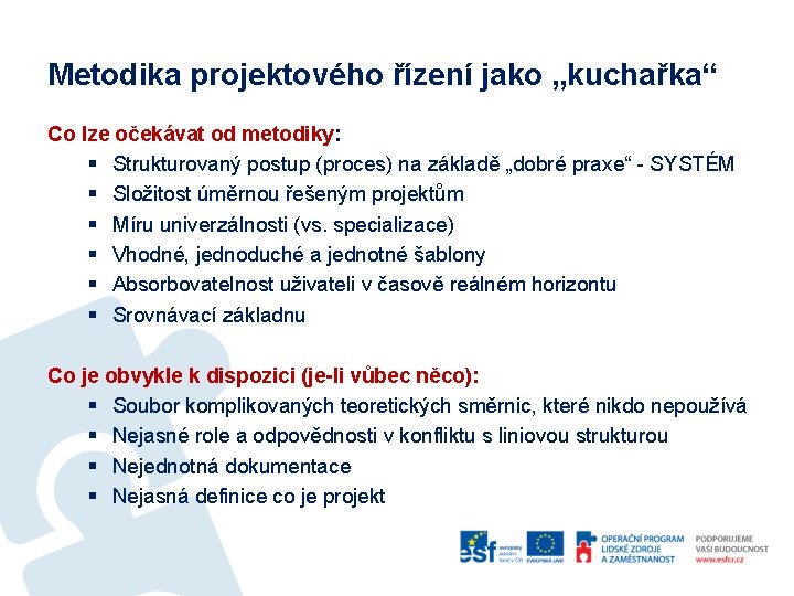 Metodika projektového řízení jako „kuchařka“ Co lze očekávat od metodiky: § Strukturovaný postup (proces)