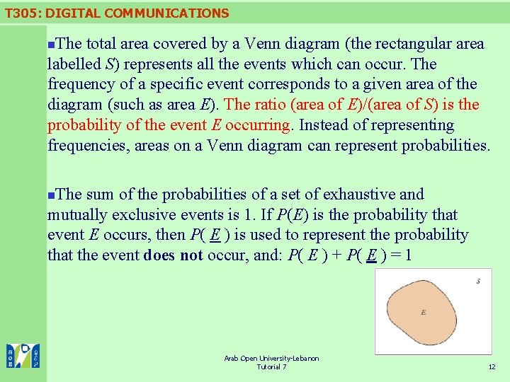 T 305: DIGITAL COMMUNICATIONS The total area covered by a Venn diagram (the rectangular