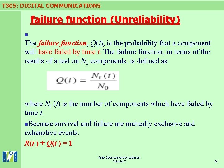 T 305: DIGITAL COMMUNICATIONS failure function (Unreliability) n The failure function, Q(t), is the