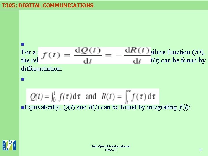 T 305: DIGITAL COMMUNICATIONS n For a continuous reliability function R(t) and failure function