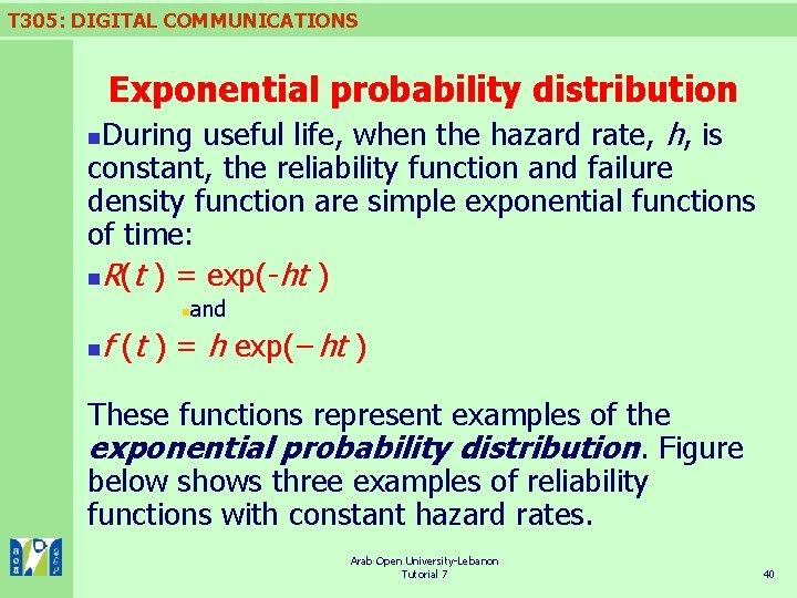 T 305: DIGITAL COMMUNICATIONS Exponential probability distribution During useful life, when the hazard rate,