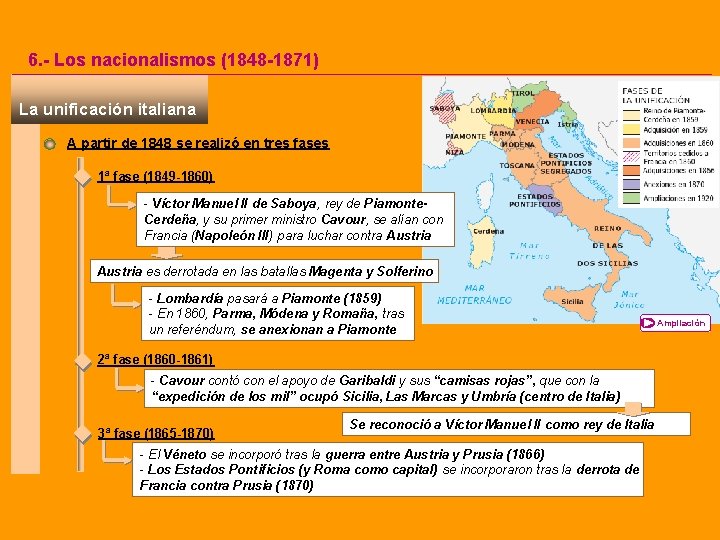 6. - Los nacionalismos (1848 -1871) La unificación italiana A partir de 1848 se