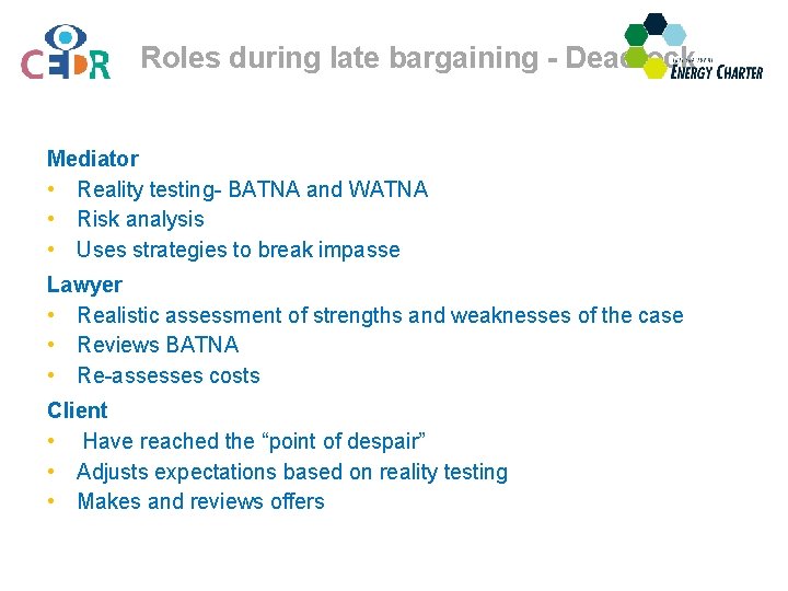 Roles during late bargaining - Deadlock Mediator • Reality testing- BATNA and WATNA •