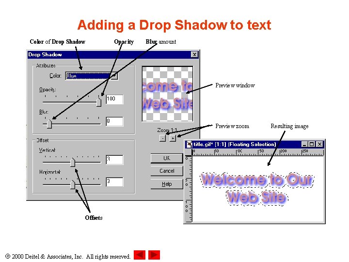 Adding a Drop Shadow to text Color of Drop Shadow Opacity Blur amount Preview
