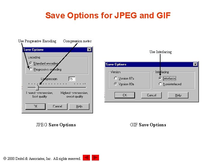 Save Options for JPEG and GIF Use Progressive Encoding Compression meter Use Interlacing JPEG
