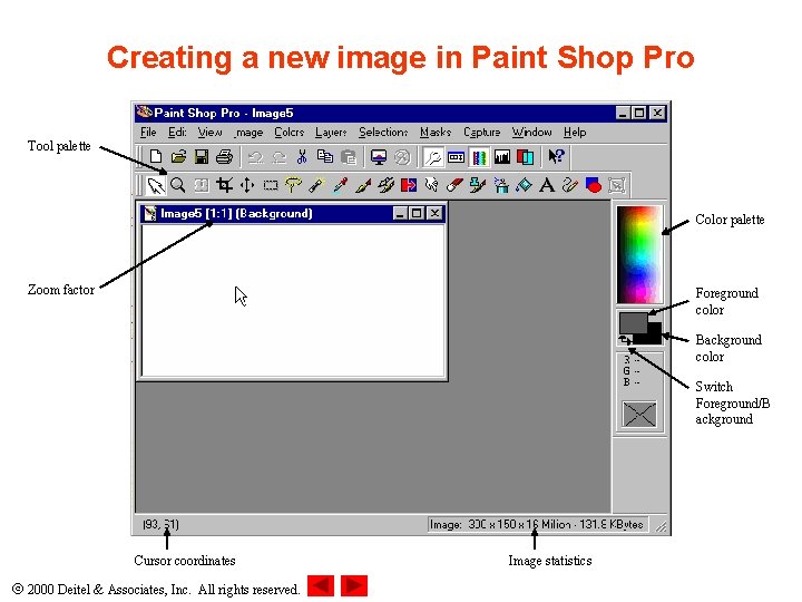 Creating a new image in Paint Shop Pro Tool palette Color palette Zoom factor