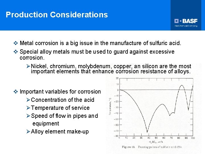 Production Considerations v Metal corrosion is a big issue in the manufacture of sulfuric