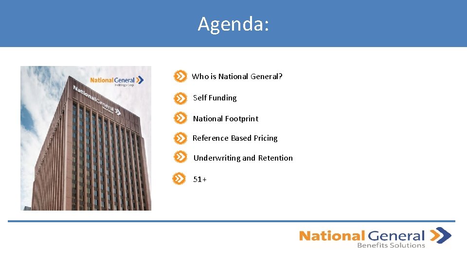 Agenda: Who is National General? Self Funding National Footprint Reference Based Pricing Underwriting and